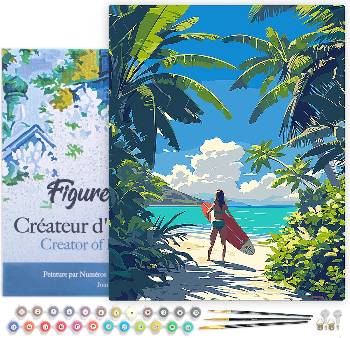 FiguredArt Schilderen op Nummer Volwassenen met lijst Tropisch surfparadijs- Handwerk acrylverf Kit DIY Compleet - 40x50cm Canvas al ingelijst